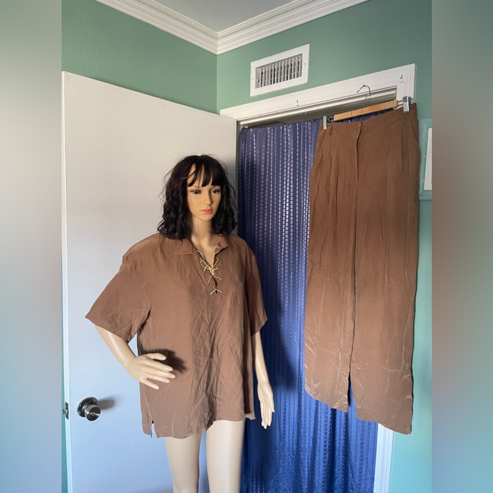 VTG Sandra Roth Ciao Sport 100% Silk 2pcs Set Brown Sz 12 Tall